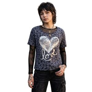 Ransom Womens Skull Heart Love Graphic T-Shirt Gray Silver Metallic Medium